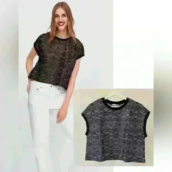 ZARA Metallic Black Mesh Wide Oversized Sleeveless Crop Tank Top Blouse Size S - Picture 1 of 8